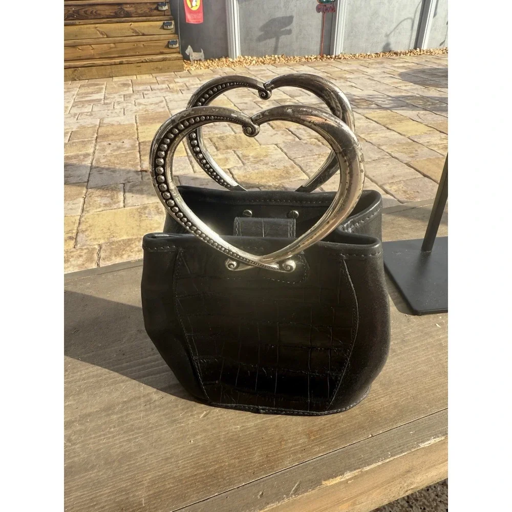 Brighton Corazon Black Croc Heart Handles Leather Bucket Handles Bag